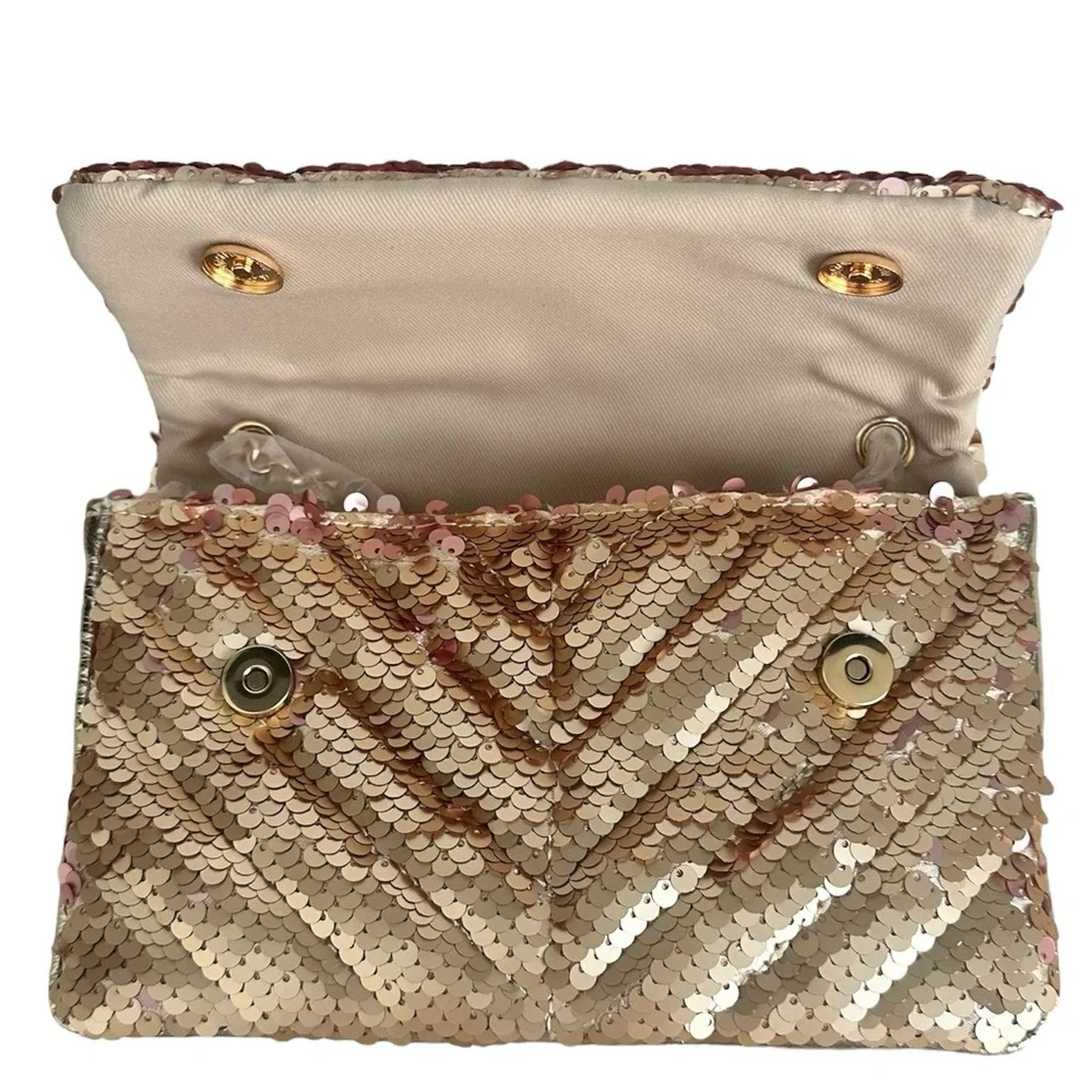Nicole Miller Gold Rose Gold Mermaid Sequin Chain Strap Crossbody Small Bag NWT